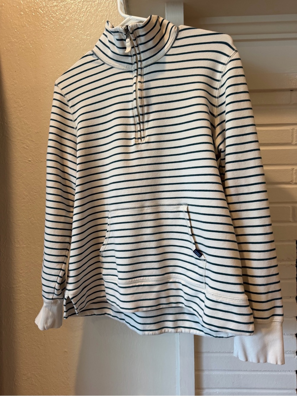 L.L. Bean Cream and Navy Striped Half-Zip Pullover Size Large
